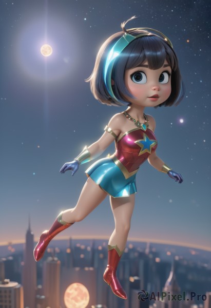 1girl,solo,breasts,looking at viewer,short hair,bangs,blue eyes,skirt,black hair,gloves,dress,bare shoulders,jewelry,full body,hairband,small breasts,boots,outdoors,parted lips,sky,teeth,sleeveless,shiny,artist name,dark skin,necklace,star (symbol),blurry,black eyes,lips,strapless,night,blurry background,glowing,short dress,moon,bob cut,knee boots,building,gem,red footwear,child,star (sky),night sky,full moon,lens flare,armlet,starry sky,backlighting,flying,city,blue gloves,female child,cityscape,superhero,brown hair,blue skirt