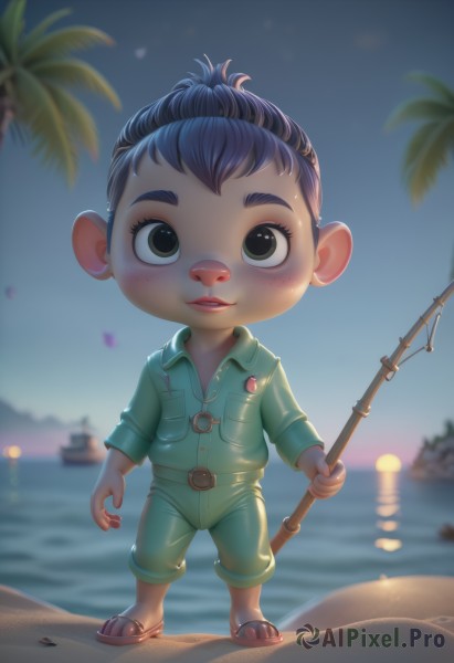 solo,looking at viewer,blush,smile,short hair,shirt,black hair,1boy,holding,animal ears,brown eyes,green eyes,blue hair,standing,full body,male focus,outdoors,parted lips,sky,teeth,belt,artist name,water,blurry,black eyes,tree,depth of field,blurry background,ocean,beach,sandals,child,furry,personification,freckles,pocket,green shirt,palm tree,furry male,watercraft,male child,boat,fishing rod,buck teeth,holding fishing rod,1girl,open mouth,uniform,military,military uniform