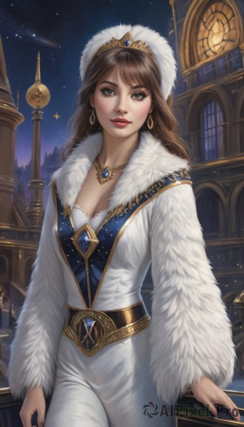 1girl,solo,long hair,breasts,looking at viewer,brown hair,long sleeves,hat,dress,cleavage,brown eyes,jewelry,medium breasts,standing,collarbone,cowboy shot,earrings,outdoors,parted lips,sky,belt,artist name,signature,necklace,white dress,lips,coat,fur trim,makeup,night,watermark,tiara,crown,lipstick,building,gem,star (sky),night sky,pendant,starry sky,gold trim,realistic,nose,clock,white coat,red lips,fur hat,tower,fur coat,balcony,clock tower,smile,bangs,sitting,window,hoop earrings,gold,shooting star