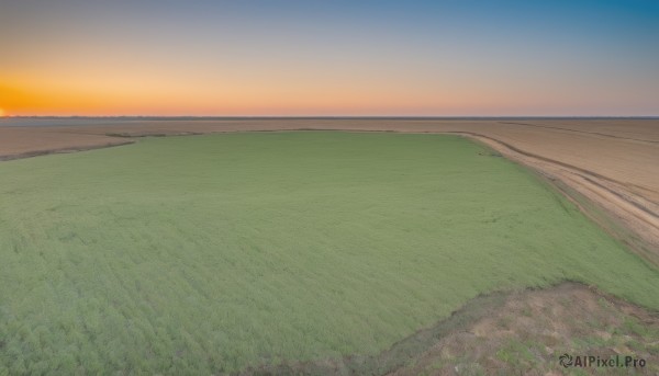 outdoors,sky,cloud,blue sky,no humans,ocean,grass,scenery,sunset,horizon,field,evening,landscape,gradient sky,orange sky,hill,tree,nature,sun,road,path