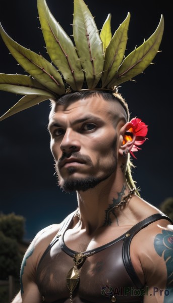 solo,looking at viewer,short hair,black hair,hair ornament,1boy,jewelry,closed mouth,nipples,upper body,flower,male focus,earrings,outdoors,hair flower,dark skin,necklace,blurry,black eyes,tattoo,muscular,night,blurry background,facial hair,leaf,piercing,dark-skinned male,pectorals,plant,muscular male,bara,beard,large pectorals,mature male,realistic,mustache,arm tattoo,manly,shoulder tattoo,chest hair,mohawk,sidepec,fishnet top,blue eyes,covered nipples,see-through,feathers,feather hair ornament,bodypaint,tribal