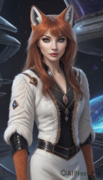 1girl,solo,long hair,breasts,looking at viewer,skirt,brown hair,gloves,animal ears,brown eyes,jewelry,jacket,earrings,belt,necklace,lips,fur trim,black shirt,fox ears,makeup,white jacket,lipstick,star (sky),freckles,realistic,red lips,space,planet,earth (planet),spacecraft,bangs,shirt,fox girl,science fiction,white pants,fur