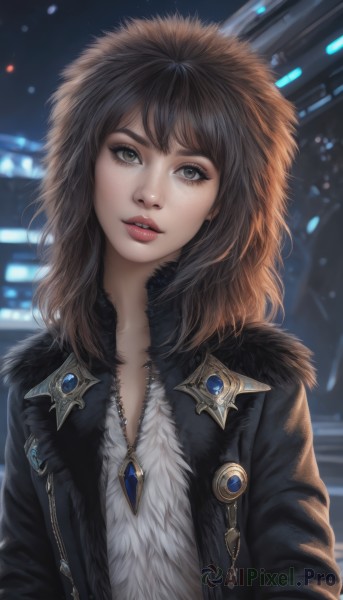 1girl,solo,long hair,looking at viewer,bangs,brown hair,black hair,brown eyes,jewelry,jacket,upper body,outdoors,parted lips,open clothes,artist name,hood,necklace,blurry,open jacket,lips,coat,black jacket,grey eyes,fur trim,eyelashes,night,depth of field,blurry background,watermark,gem,hood up,zipper,freckles,realistic,nose,unzipped,red lips,parka,teeth,head tilt,makeup,lipstick,backlighting