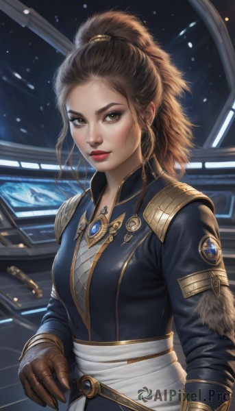 1girl,solo,long hair,breasts,looking at viewer,smile,brown hair,gloves,long sleeves,brown eyes,jewelry,upper body,ponytail,parted lips,signature,lips,fur trim,makeup,high ponytail,lipstick,brown gloves,freckles,nose,red lips,space,planet,leather gloves,medium breasts,realistic