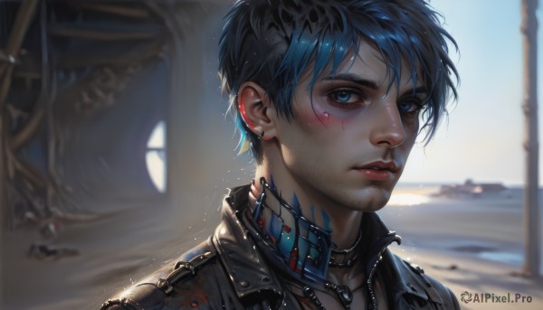 solo,looking at viewer,short hair,bangs,blue eyes,black hair,1boy,jewelry,blue hair,jacket,male focus,earrings,outdoors,parted lips,necklace,blurry,lips,black jacket,wet,depth of field,blurry background,facial hair,scar,piercing,ear piercing,portrait,science fiction,realistic,nose,stud earrings,wet hair,leather,cyborg,dirty,leather jacket,upper body,day,shiny,collar,tattoo,makeup,messy hair,facial tattoo,neck tattoo