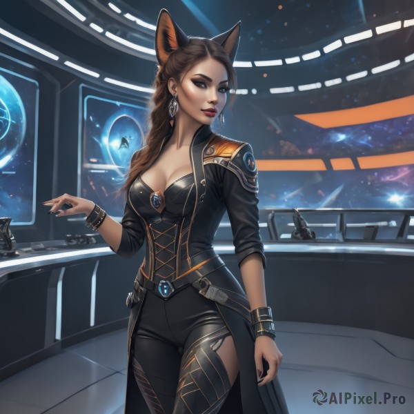 1girl,solo,long hair,breasts,looking at viewer,brown hair,animal ears,cleavage,brown eyes,jewelry,medium breasts,standing,braid,cowboy shot,earrings,parted lips,pants,indoors,cat ears,hand up,signature,nail polish,bracelet,lips,fingernails,fox ears,makeup,black pants,lipstick,black nails,eyeshadow,science fiction,red lips,eyeliner,space,planet,earth (planet),spacecraft,large breasts,long sleeves,collarbone,jacket,open clothes,solo focus,artist name,mole,coat,black jacket,torn clothes,thigh gap,gem,sleeves rolled up,black coat,realistic,nose,fantasy,sharp fingernails,sleeves pushed up