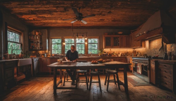 solo,shirt,1boy,sitting,male focus,food,day,indoors,cup,book,window,fruit,bird,chair,table,sunlight,bottle,plant,scenery,desk,plate,alcohol,drinking glass,wooden floor,paper,basket,potted plant,lamp,candle,wine glass,stool,wine,shelf,wine bottle,jar,bar (place),counter,cabinet,wooden table,brown hair,hood,tree,glass,facing away,painting (object)