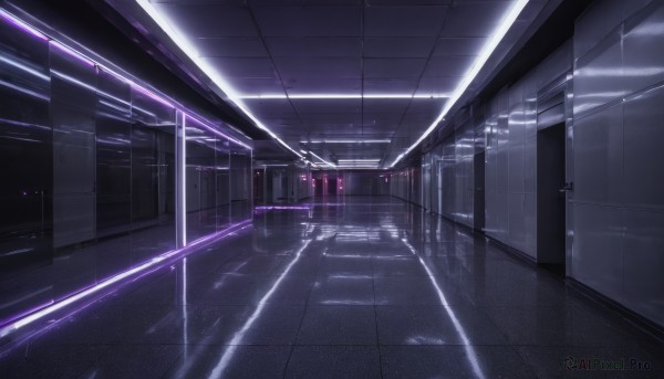 indoors,no humans,window,night,building,scenery,reflection,tiles,light,dark,tile floor,ceiling,hallway,ceiling light,train station,reflective floor,vanishing point,door,locker,lights