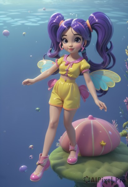 1girl,solo,long hair,breasts,looking at viewer,blush,smile,dress,bow,twintails,jewelry,standing,purple eyes,full body,purple hair,short sleeves,earrings,small breasts,wings,shoes,shorts,puffy sleeves,dark skin,water,black eyes,dark-skinned female,puffy short sleeves,lips,bubble,underwater,fairy,air bubble,mushroom,yellow shorts,blue eyes,shirt,parted lips,socks,artist name,short shorts,eyelashes,makeup,child,mary janes,fish,yellow shirt,pink footwear,fairy wings,jellyfish,seaweed