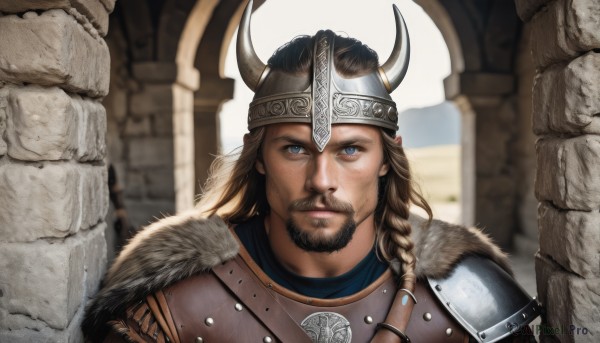 solo,long hair,looking at viewer,blue eyes,brown hair,1boy,closed mouth,upper body,braid,male focus,horns,armor,blurry,fur trim,blurry background,facial hair,helmet,shoulder armor,portrait,beard,pauldrons,realistic,mustache,fake horns,statue,horned helmet,black hair,manly,pillar