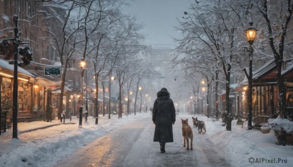 outdoors, multiple boys, sky, tree, coat, night, animal, ground vehicle, building, scenery, motor vehicle, snow, walking, dog, snowing, city, sign, winter clothes, car, road, winter, lamppost, bare tree, street