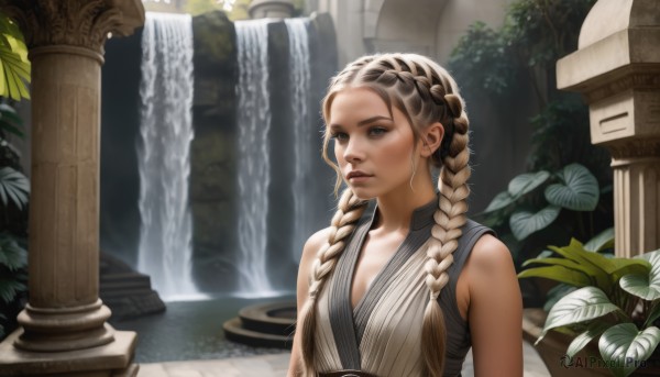 1girl,solo,long hair,looking at viewer,blue eyes,blonde hair,brown hair,bare shoulders,closed mouth,upper body,braid,sleeveless,water,twin braids,lips,grey eyes,plant,hair over shoulder,realistic,nose,pillar,waterfall,column,fountain,breasts,dress,medium breasts,collarbone,outdoors,japanese clothes,day,leaf,sunlight,freckles