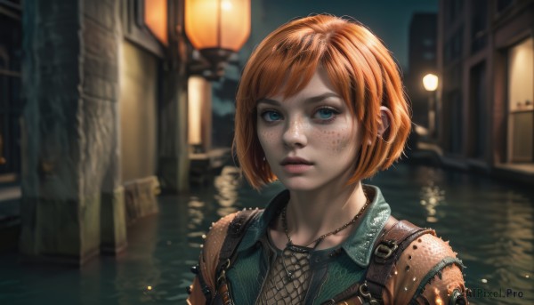 1girl,solo,looking at viewer,short hair,bangs,blue eyes,jewelry,jacket,upper body,earrings,outdoors,water,necklace,orange hair,blurry,lips,torn clothes,night,depth of field,blurry background,fishnets,portrait,freckles,realistic,nose,leather,lamppost,chainmail,shirt,closed mouth,red hair,artist name,eyelashes,bob cut,building,light,fishnet top