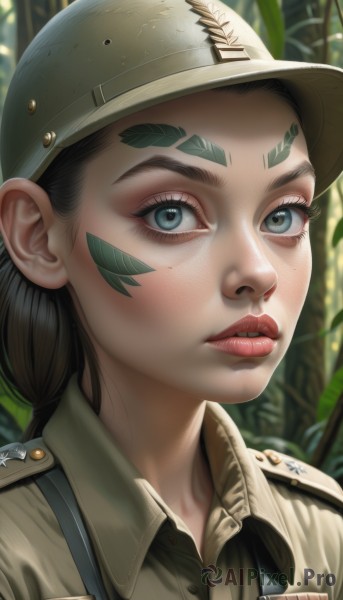 1girl,solo,long hair,looking at viewer,blue eyes,shirt,black hair,hat,closed mouth,outdoors,parted lips,day,collared shirt,artist name,blurry,uniform,lips,military,eyelashes,military uniform,blurry background,leaf,facial mark,thick eyebrows,helmet,portrait,nature,close-up,freckles,military hat,realistic,nose,red lips,brown shirt,facepaint,world war ii,soldier,blush,jacket,ponytail,teeth,signature,tattoo,depth of field,low ponytail,forest,epaulettes