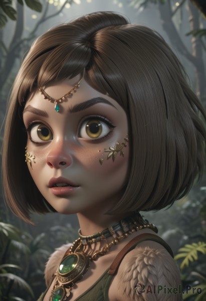 1girl,solo,looking at viewer,short hair,bangs,brown hair,brown eyes,jewelry,yellow eyes,upper body,outdoors,parted lips,artist name,necklace,blurry,tree,lips,eyelashes,makeup,blurry background,bob cut,thick eyebrows,feathers,plant,gem,portrait,nature,close-up,forest,freckles,circlet,realistic,nose,tribal,leaf,facepaint