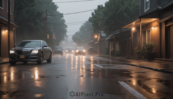 outdoors,sky,cloud,water,tree,no humans,window,night,ground vehicle,building,scenery,motor vehicle,reflection,rain,sign,car,road,bush,house,vehicle focus,power lines,lamppost,street,utility pole,puddle,watermark,cloudy sky,plant