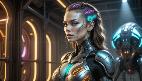 HQ,1girl,solo,long hair,breasts,looking at viewer,blue eyes,brown hair,black hair,cleavage,jewelry,medium breasts,upper body,purple hair,multicolored hair,earrings,solo focus,armor,blurry,lips,clothing cutout,bodysuit,makeup,glowing,cleavage cutout,robot,lipstick,eyeshadow,science fiction,realistic,nose,stud earrings,eyeliner,cyborg,power armor,neon trim,cyberpunk,alien