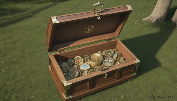 outdoors,day,tree,no humans,shadow,from above,grass,gem,box,nature,scenery,coin,treasure chest,teapot,gold,still life,coffin