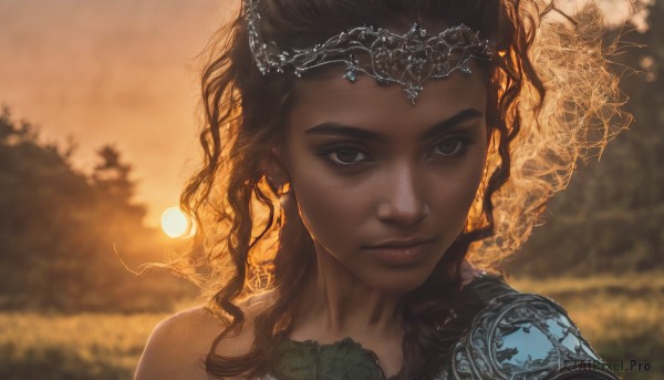 1girl,solo,long hair,looking at viewer,brown hair,bare shoulders,brown eyes,jewelry,closed mouth,earrings,outdoors,dark skin,blurry,dark-skinned female,tree,lips,eyelashes,depth of field,blurry background,leaf,wavy hair,tiara,portrait,freckles,curly hair,sunset,circlet,realistic,sun,upper body,sky,sunlight,nature,close-up,backlighting