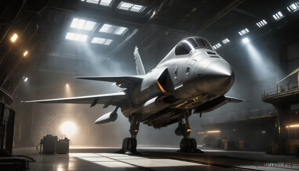 HQ,indoors,signature,military,no humans,window,robot,building,mecha,flying,science fiction,realistic,aircraft,military vehicle,airplane,light,vehicle focus,spacecraft,lights,jet,fighter jet,variable fighter,scenery,cockpit