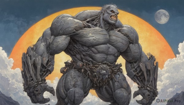 solo,open mouth,1boy,yellow eyes,male focus,thighs,outdoors,sky,teeth,tongue,belt,cloud,signature,orange eyes,muscular,feet out of frame,colored skin,fangs,scar,thick thighs,abs,moon,cloudy sky,pectorals,sharp teeth,muscular male,gauntlets,bara,full moon,colored sclera,large pectorals,veins,topless male,mountain,sun,mechanical arms,manly,grey skin,biceps,thick arms,veiny arms,red eyes,white hair,artist name,looking to the side,night,glowing,facial hair,chain,thick eyebrows,glowing eyes,claws,beard,rock,mature male,single mechanical arm,grenade