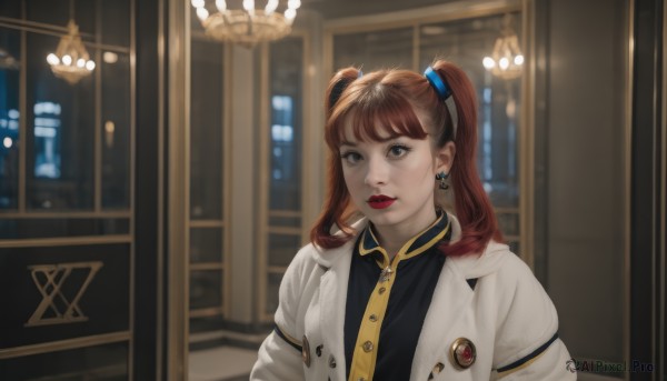 1girl,solo,long hair,looking at viewer,bangs,brown hair,shirt,twintails,brown eyes,jewelry,jacket,upper body,red hair,earrings,parted lips,open clothes,collared shirt,indoors,blurry,black eyes,open jacket,lips,black shirt,window,makeup,buttons,blurry background,white jacket,lipstick,red lips,badge,button badge,long sleeves,multicolored hair,teeth,coat,night,realistic,nose,white coat