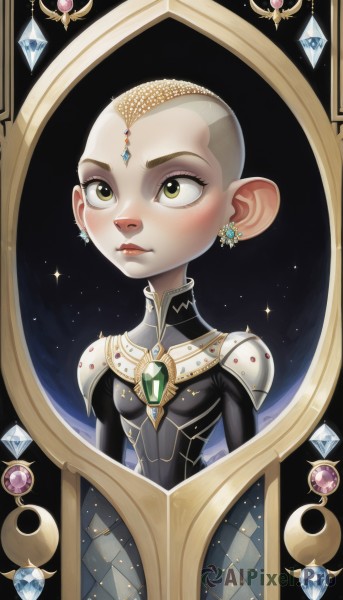 1girl,solo,breasts,blush,jewelry,closed mouth,green eyes,earrings,small breasts,pointy ears,armor,lips,bodysuit,makeup,colored skin,gem,genderswap,genderswap (mtf),reflection,crystal,mirror,bald,alien,short hair,blonde hair,yellow eyes,upper body,eyelashes,sparkle,nose,very short hair