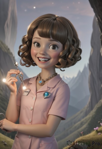 1girl,solo,looking at viewer,blush,smile,short hair,open mouth,bangs,brown hair,holding,brown eyes,jewelry,upper body,flower,short sleeves,heart,outdoors,sky,teeth,day,medium hair,necklace,grin,blurry,flat chest,lips,buttons,blurry background,grass,child,pink dress,pendant,curly hair,pocket,pink shirt,rock,realistic,female child,breast pocket,key,badge,artist name,blunt bangs,fangs