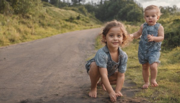 1girl,looking at viewer,smile,short hair,blue eyes,blonde hair,brown hair,shirt,1boy,hat,short sleeves,outdoors,multiple boys,shorts,barefoot,day,2boys,blurry,blurry background,squatting,grass,blue shirt,all fours,child,realistic,straw hat,overalls,male child,field,dirty,dirty feet,open mouth,2girls,teeth,aged down,curly hair,baby