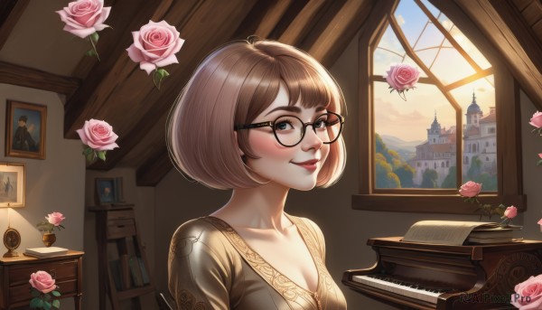 1girl,solo,breasts,looking at viewer,blush,smile,short hair,bangs,blue eyes,brown hair,cleavage,brown eyes,medium breasts,collarbone,upper body,flower,parted lips,sky,glasses,day,artist name,indoors,lips,book,window,makeup,rose,sunlight,bob cut,lipstick,building,instrument,pink flower,desk,black-framed eyewear,nose,bookshelf,photo (object),pink rose,book stack,picture frame,painting (object),piano,portrait (object),grand piano,closed mouth,eyelashes,plant,scenery,round eyewear,castle,mascara