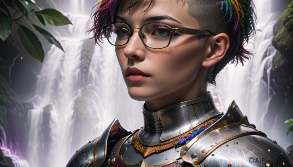 1girl,solo,looking at viewer,short hair,blue eyes,brown hair,black hair,closed mouth,multicolored hair,glasses,water,armor,two-tone hair,lips,makeup,leaf,scar,shoulder armor,portrait,scar on face,freckles,black-framed eyewear,pauldrons,realistic,nose,fantasy,waterfall,jewelry,outdoors,parted lips,signature,necklace,streaked hair,eyelashes,close-up,round eyewear,very short hair,gorget