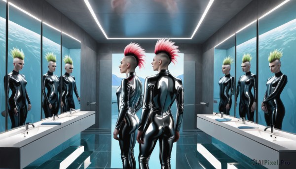 short hair,blonde hair,jewelry,standing,pink hair,ass,male focus,red hair,multicolored hair,earrings,multiple boys,indoors,dark skin,from behind,two-tone hair,bodysuit,spiked hair,skin tight,reflection,6+boys,mirror,black bodysuit,undercut,latex,mohawk,sink,latex bodysuit,wetsuit,realistic,clone