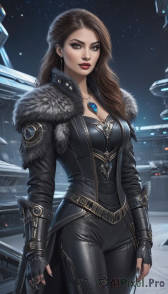 1girl,solo,long hair,breasts,looking at viewer,brown hair,gloves,cleavage,brown eyes,jewelry,medium breasts,standing,jacket,cowboy shot,earrings,sky,black gloves,belt,pants,fingerless gloves,necklace,nail polish,mole,lips,coat,fur trim,bodysuit,makeup,night,black pants,lipstick,gem,black nails,pendant,eyeshadow,nose,arms at sides,red lips,eyeliner,outdoors,artist name,black jacket,star (sky),night sky,starry sky,realistic,leather,black lips