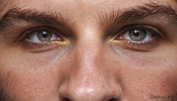 solo,looking at viewer,blue eyes,1boy,brown eyes,male focus,heart,symbol-shaped pupils,eyelashes,close-up,reflection,realistic,eye focus,facial hair,portrait,freckles