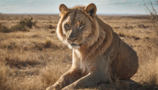 solo,looking at viewer,sitting,closed mouth,outdoors,sky,day,blurry,black eyes,tree,blue sky,no humans,depth of field,blurry background,animal,grass,scenery,realistic,field,animal focus,cloud,signature