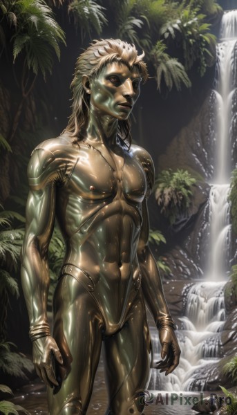 solo,looking at viewer,blonde hair,red eyes,1boy,jewelry,standing,male focus,shiny,water,necklace,tree,wet,muscular,colored skin,plant,nature,wading,science fiction,realistic,cyborg,waterfall,brown hair,navel,nipples,nude,earrings,outdoors,lips,shiny skin,glowing,leaf,abs,pectorals,shiny clothes