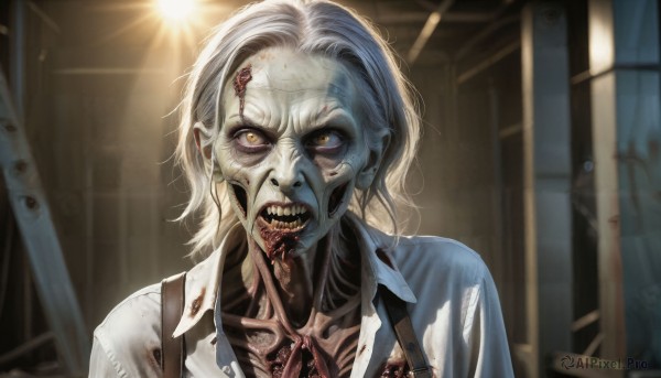 HQ,1girl,solo,looking at viewer,short hair,open mouth,shirt,1boy,yellow eyes,white shirt,upper body,white hair,grey hair,male focus,teeth,collared shirt,indoors,torn clothes,blood,suspenders,sharp teeth,injury,blood on face,realistic,torn shirt,zombie,horror (theme),tongue,blurry,colored skin,monster girl,pale skin,portrait,grey skin,dirty,dirty face,undead