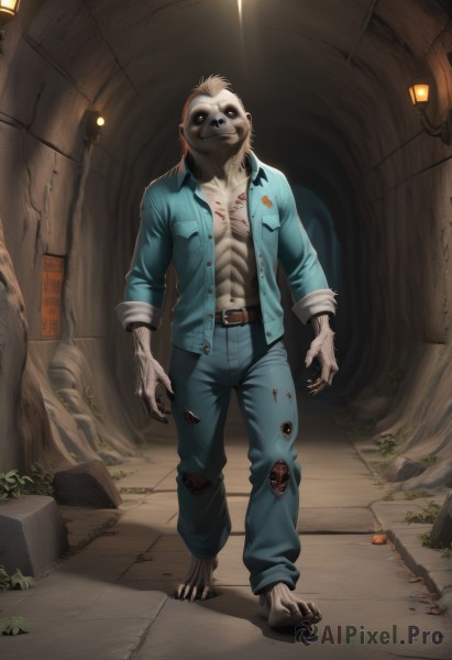 solo,looking at viewer,smile,shirt,red eyes,1boy,navel,standing,jacket,full body,male focus,open clothes,barefoot,belt,pants,torn clothes,open shirt,blood,glowing,abs,denim,glowing eyes,claws,furry,furry male,horror (theme),open jacket,no humans,muscular,colored skin,watermark,blue jacket,zombie,torn pants