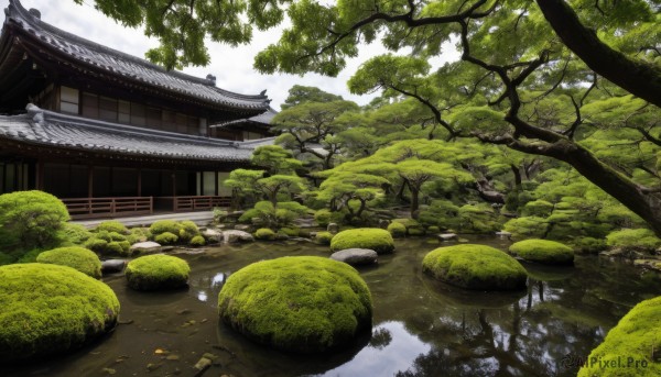 outdoors,sky,day,cloud,water,tree,no humans,grass,building,nature,scenery,forest,rock,architecture,house,bridge,east asian architecture,river,shrine,stone,pond,stone lantern,bush,lily pad,moss