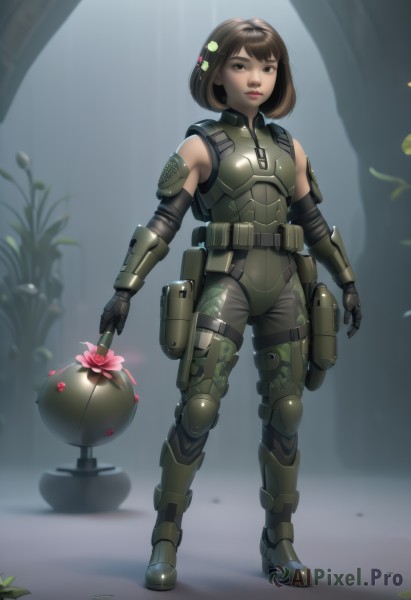 1girl,solo,looking at viewer,short hair,bangs,brown hair,hair ornament,gloves,holding,brown eyes,standing,full body,weapon,flower,boots,armor,lips,gun,bodysuit,bob cut,plant,pouch,breastplate,armored boots,knee pads,camouflage,explosive,elbow pads,grenade,thigh pouch,body armor,parted lips,detached sleeves,black gloves,elbow gloves,belt,pants,holding weapon,thigh strap,holding gun,pink flower,handgun,science fiction,nose,holster,thigh holster,holstered weapon