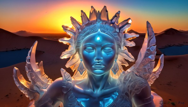 HQ,1girl,solo,jewelry,collarbone,closed eyes,upper body,earrings,outdoors,parted lips,sky,armor,lips,glowing,colored skin,facing viewer,sunset,mountain,sand,blue skin,sun,forehead jewel,alien,sunrise,desert,looking at viewer,portrait,glowing eyes,backlighting,headdress,no pupils