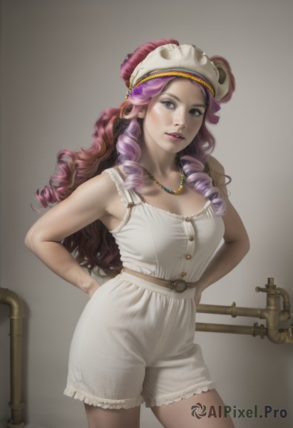 1girl,solo,long hair,breasts,looking at viewer,simple background,cleavage,bare shoulders,jewelry,medium breasts,standing,pink hair,purple hair,multicolored hair,cowboy shot,frills,parted lips,shorts,sleeveless,belt,grey background,necklace,lips,grey eyes,white headwear,drill hair,freckles,curly hair,hands on hips,white shorts,bloomers,realistic,ringlets,pearl necklace,high-waist shorts,brown hair,shirt,hat,white background,white shirt,teeth,two-tone hair,bare arms,makeup,contrapposto