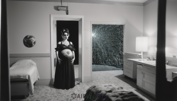 1girl,solo,long hair,breasts,looking at viewer,dress,cleavage,bare shoulders,jewelry,standing,collarbone,monochrome,full body,greyscale,earrings,indoors,off shoulder,hair bun,blurry,window,bed,chair,table,single hair bun,star (sky),spot color,mature female,mirror,door,off-shoulder dress,long dress,space,bedroom,planet,pregnant,open door,doorway,holding,lamp,horror (theme),carpet,cabinet,chest of drawers