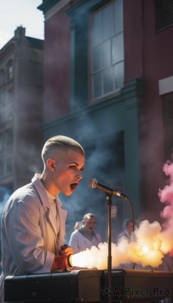 short hair,open mouth,blonde hair,shirt,1boy,jewelry,male focus,outdoors,multiple boys,2boys,fire,building,instrument,steam,microphone,smoke,realistic,music,labcoat,very short hair,singing,microphone stand,black hair,sky,day,window,tattoo,parody,3boys,bald,buzz cut