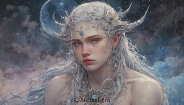 1girl,solo,long hair,looking at viewer,blue eyes,hair ornament,bare shoulders,jewelry,upper body,white hair,earrings,parted lips,horns,sky,pointy ears,cloud,necklace,lips,grey eyes,night,wavy hair,moon,gem,portrait,star (sky),night sky,full moon,starry sky,circlet,realistic,grey hair,expressionless,nose