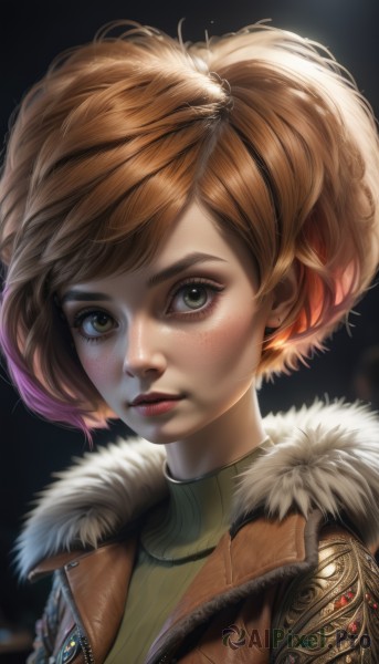 1girl,solo,looking at viewer,short hair,bangs,brown hair,jewelry,closed mouth,green eyes,jacket,upper body,multicolored hair,artist name,orange hair,blurry,sweater,lips,fur trim,eyelashes,makeup,turtleneck,lipstick,gem,portrait,ribbed sweater,freckles,brown jacket,realistic,nose,fur-trimmed jacket,simple background,brown eyes,purple hair,parted lips,open clothes,open jacket,swept bangs,watermark,black background,backlighting,fur collar,turtleneck sweater,red lips,eyeliner,leather,dark background,leather jacket,mascara