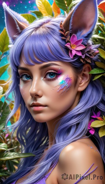 1girl,solo,long hair,breasts,looking at viewer,bangs,blue eyes,hair ornament,animal ears,bare shoulders,blue hair,upper body,purple hair,flower,parted lips,cat ears,hair flower,from side,lips,eyelashes,makeup,leaf,facial mark,plant,lipstick,portrait,close-up,pink flower,eyeshadow,freckles,pink lips,realistic,nose,red lips,eyeliner,mascara,closed mouth,artist name,fox ears,facepaint