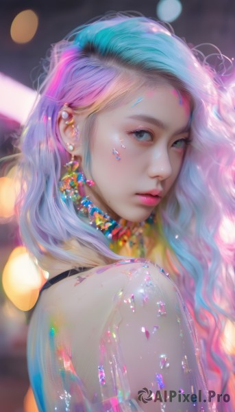 1girl,solo,long hair,looking at viewer,blue eyes,blonde hair,bare shoulders,jewelry,closed mouth,blue hair,upper body,pink hair,purple hair,multicolored hair,earrings,looking back,blurry,from side,two-tone hair,lips,see-through,eyelashes,gradient hair,makeup,depth of field,blurry background,piercing,lipstick,gem,ear piercing,eyeshadow,realistic,nose,mascara,rainbow hair,dress,green eyes,parted lips,choker,artist name,mole,looking to the side,aqua hair,watermark,wavy hair,pink lips,bokeh,pearl (gemstone)