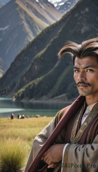 solo,looking at viewer,brown hair,long sleeves,1boy,holding,brown eyes,closed mouth,upper body,weapon,male focus,outdoors,multiple boys,solo focus,day,wide sleeves,blurry,blurry background,facial hair,chinese clothes,grass,staff,beard,mountain,realistic,mustache,field,old,old man,black hair,jewelry,sky,depth of field,3boys