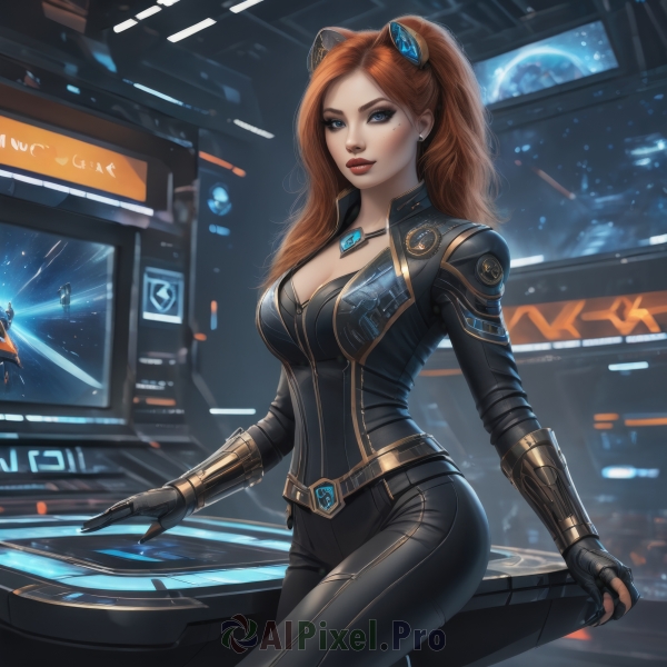 1girl,solo,long hair,breasts,looking at viewer,blue eyes,multiple girls,large breasts,brown hair,hair ornament,gloves,cleavage,twintails,jewelry,medium breasts,earrings,solo focus,black gloves,belt,pants,fingerless gloves,necklace,orange hair,mole,lips,mole under eye,bodysuit,makeup,black pants,lipstick,gauntlets,pendant,freckles,science fiction,realistic,nose,black bodysuit,red lips,space,planet,spacecraft,holographic interface,laser,hologram,ponytail,red hair